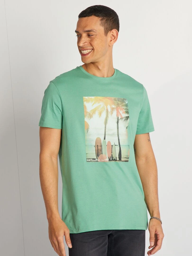 T shirt en coton imprimé à col rond Vert
