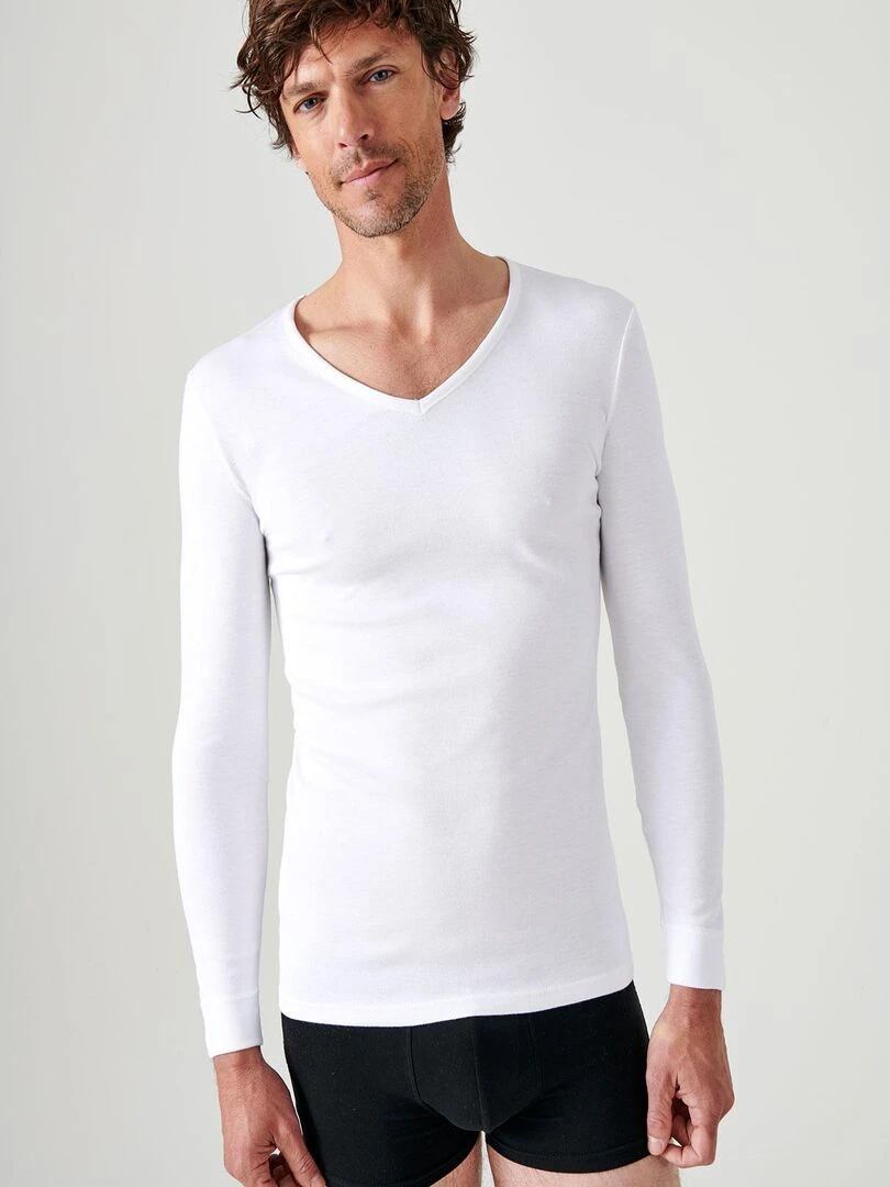 T shirt col V maille interlock Thermolactyl Damart Blanc