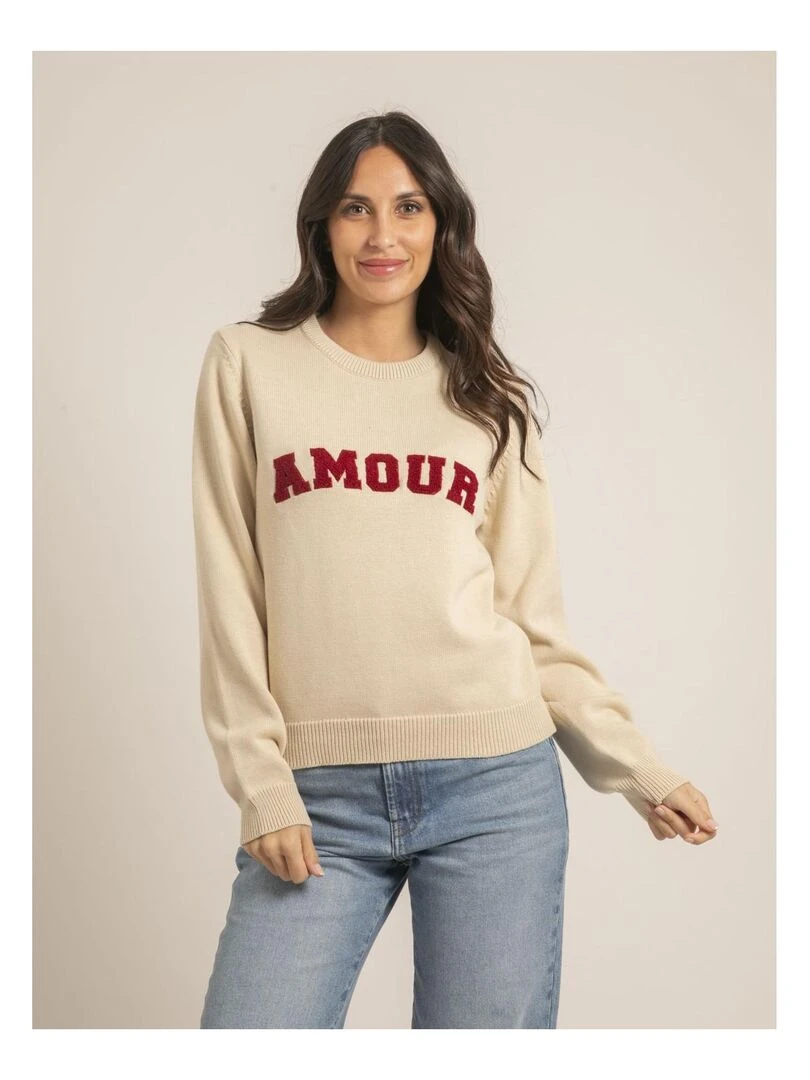 Pull col rond pur coton message KOURI Beige