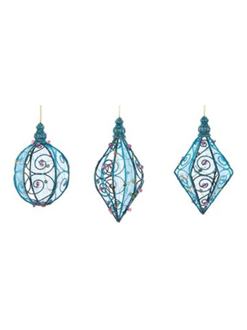3 boules en metal et velours de noel Bleu ciel