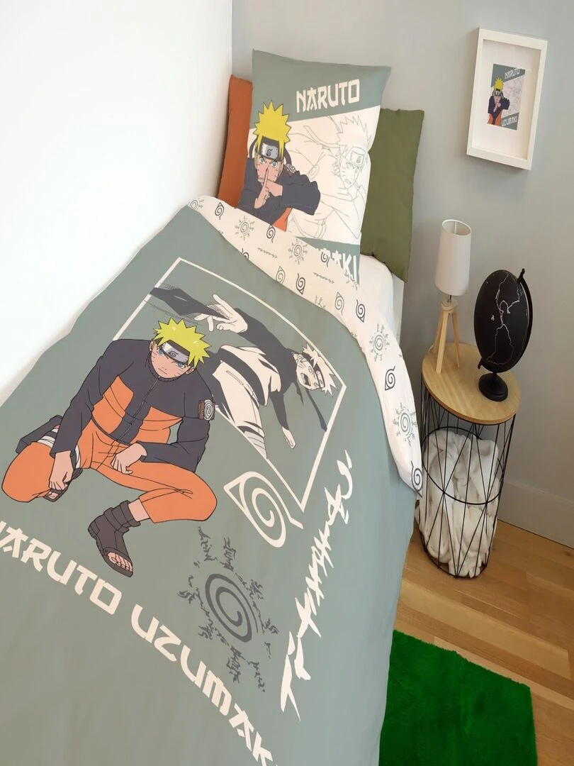 Housse de couette Naruto Uzumaki 140x200 cm et taie d'oreiller   100% Coton   Vert