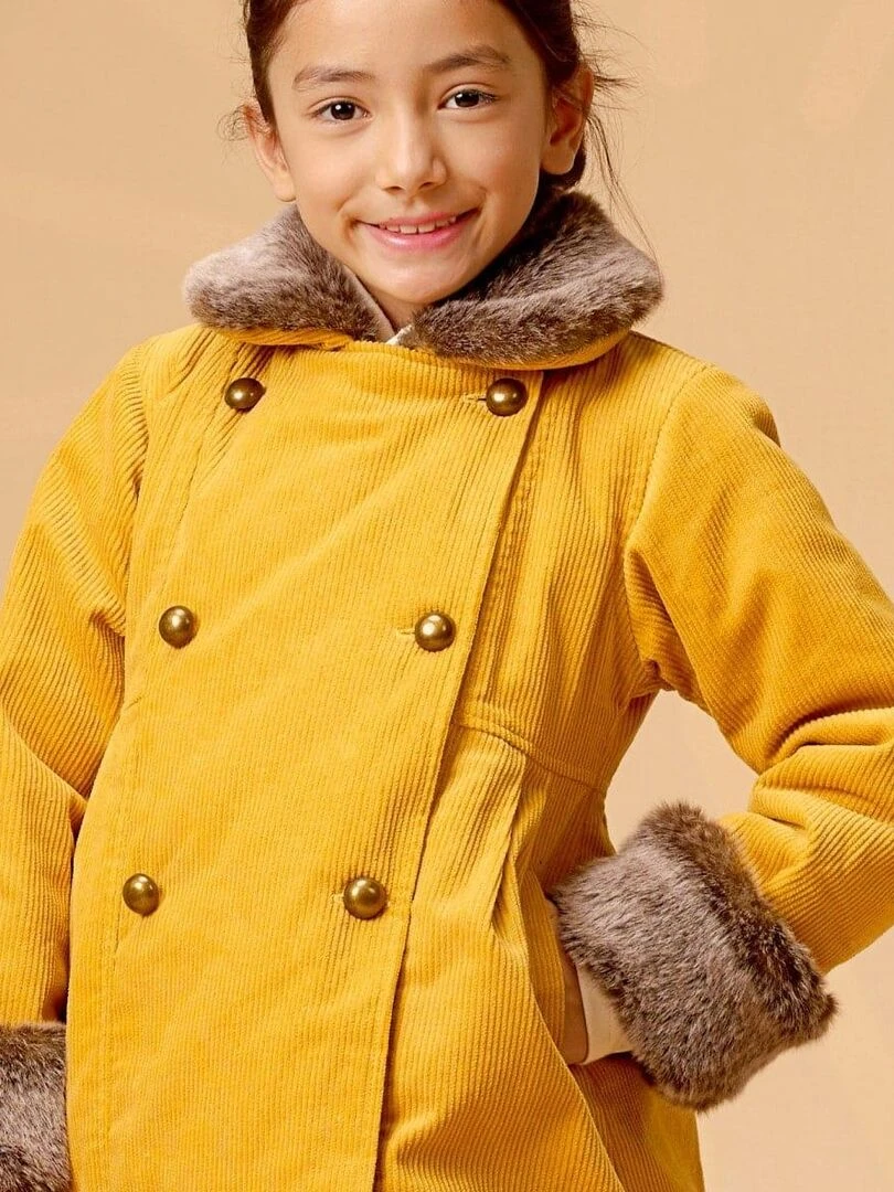 Manteau Long Fille Velours Jaune Col Fausse Fourrure ANOUSHKA 'LA FAUTE A VOLTAIRE' Jaune