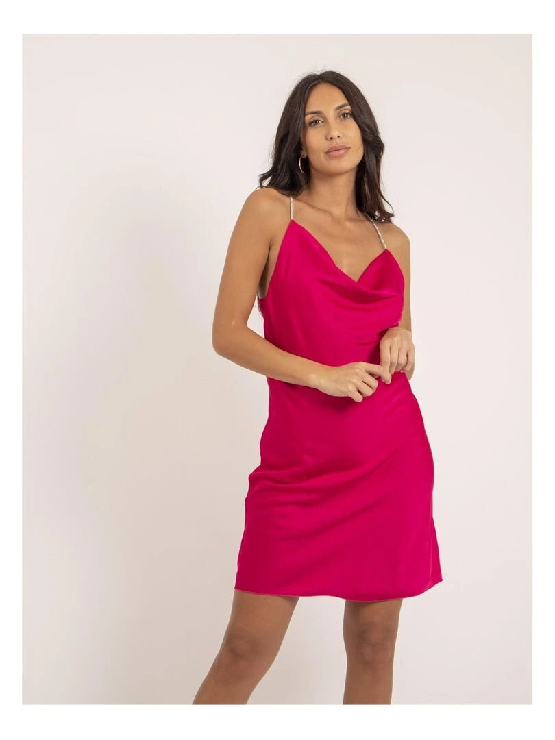 Robe courte satin manches bijoux IWAEL Rose fushia