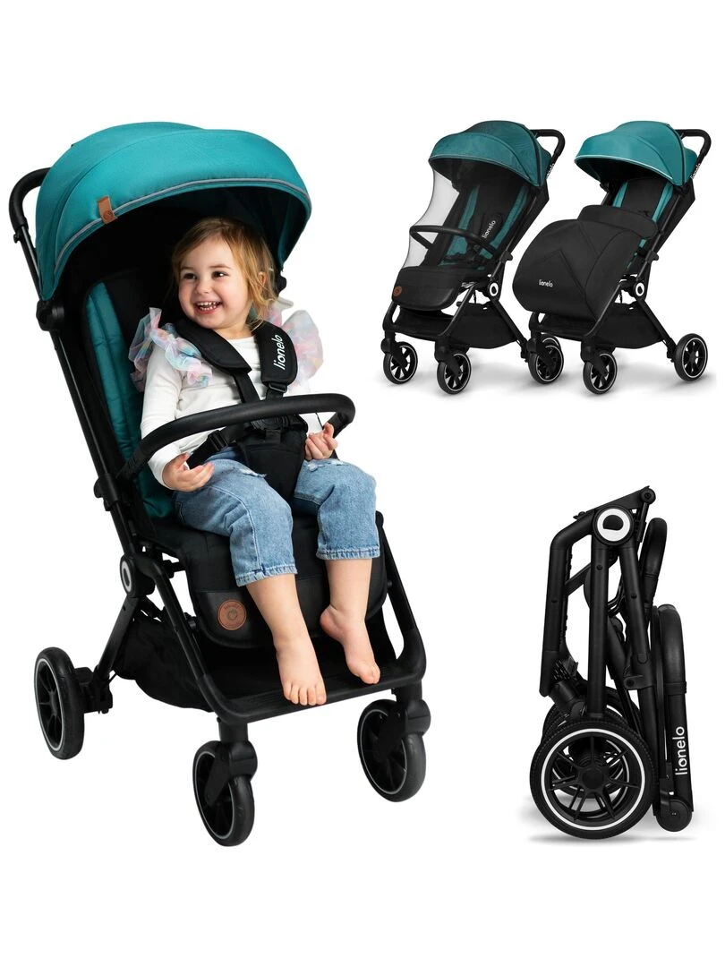 LIONELO Cloe Poussette bébé compacte Jusqu'à 22 Kg Légère & pliable Grandes Roues Vert Noir Vert