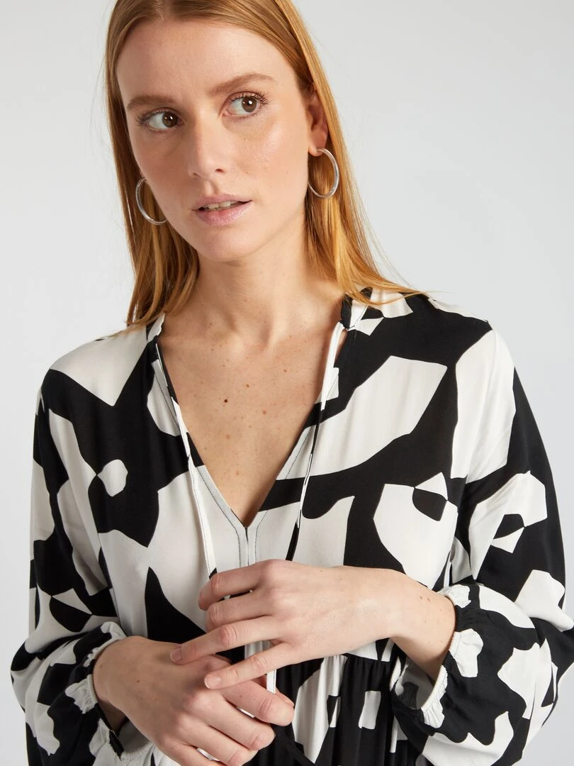 Robe midi imprimé col tunisien Noir