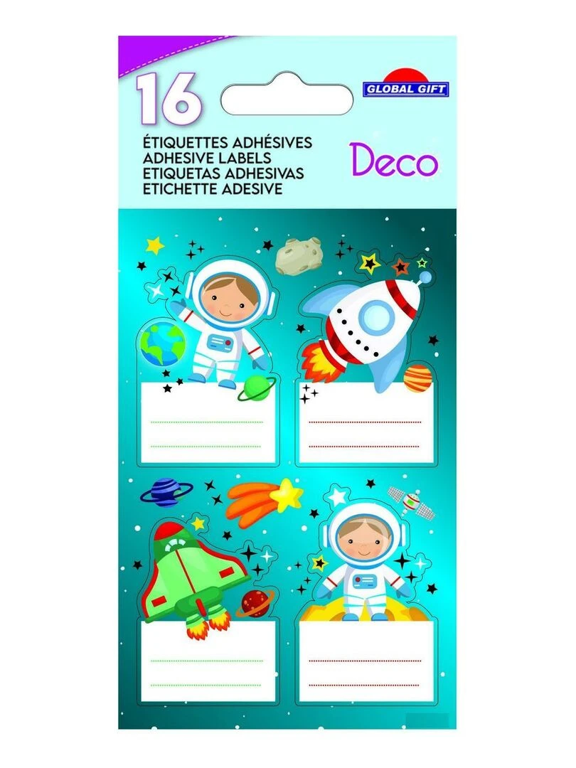 16 étiquettes adhésives scolaires Rectangle Astronautes dans l'espace Dorures N/A