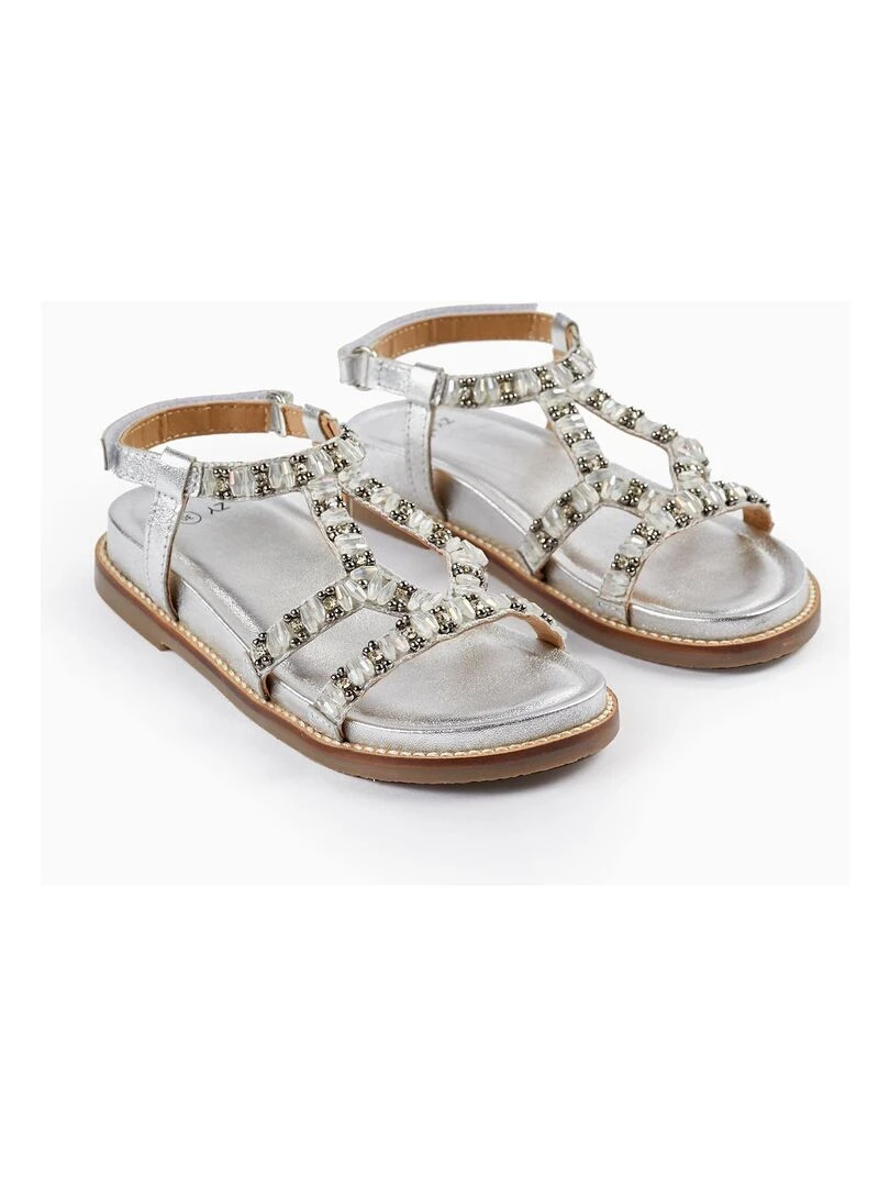 Sandales en cuir avec perles pour fille CÉRÉMONIE Gris