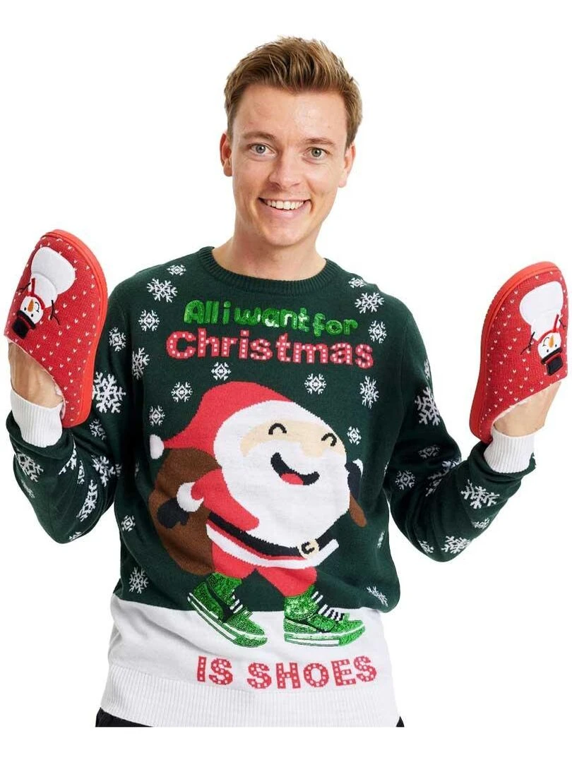 Pull de Noël "Père Noël en basket"   Vert