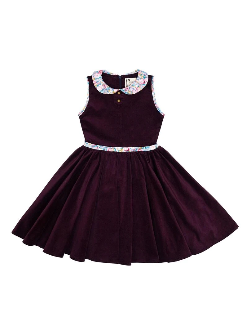 Robe qui Tourne Fille  Velours Bordeaux  Col Claudine Fleurie  HEPBURN   'LA FAUTE A VOLTAIRE'   Violet