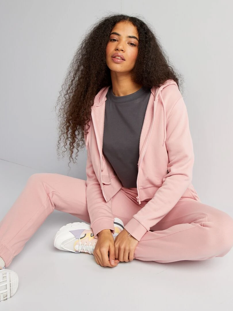 Sweat zippé à capuche uni Rose