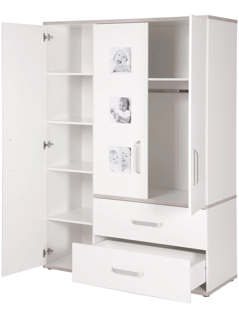 ROBA Armoire "Moritz" 3 portes – avec 3 cadres d'images – blanc / orme lunaire Blanc