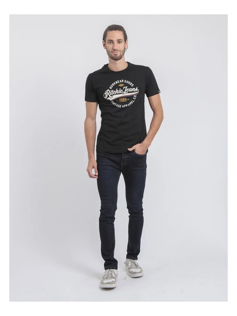T shirt col rond pur coton JONAK   Noir