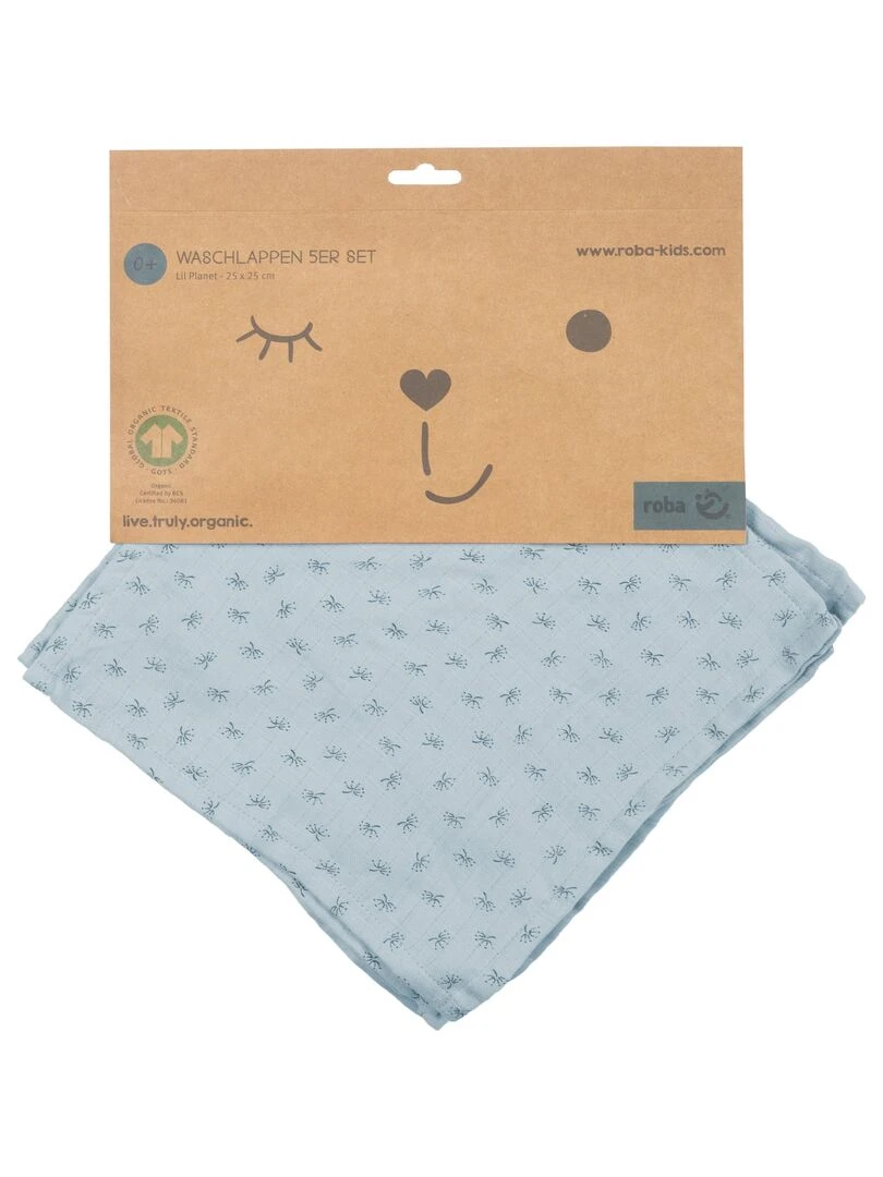 Lot de 5 Gants de Toilette "Lil Planet"   Coton Bio Oekotex   'ROBA'   Gris Bleu ciel