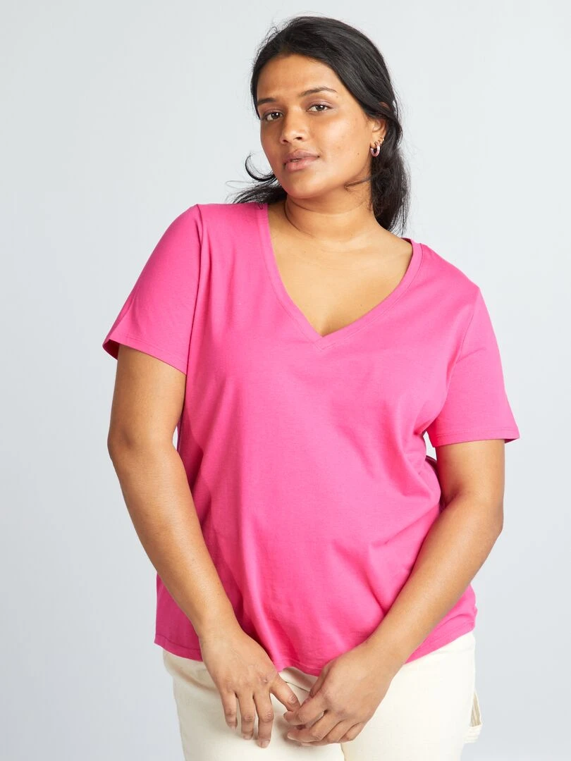 T shirt en jersey à col V   Rose
