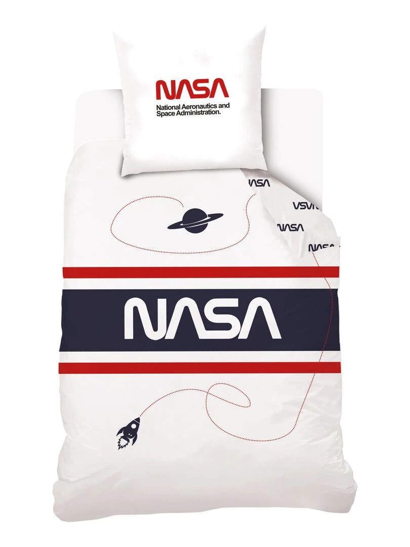 Housse de couette NASA Spaceship 140x200 cm et taie d'oreiller 100% Coton Blanc