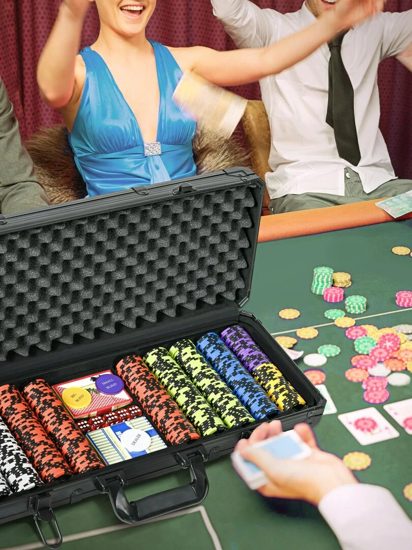 Mallette pro de poker coffret pro poker 500 jetons 2 jeux cartes 5 dés 3 boutons aluminium noir N/A