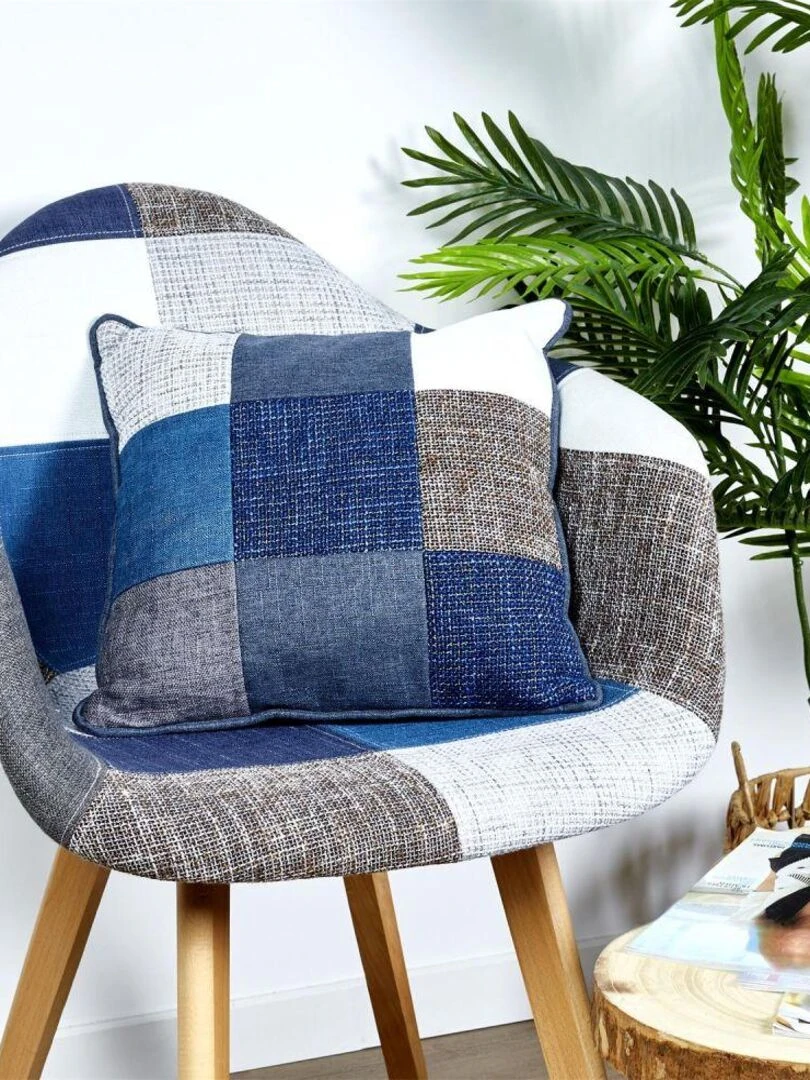 Coussin patchwork bleuté déhoussable 40x40 cm   Bleu