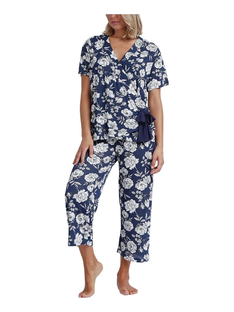 Pyjama pantalon palazzo top cache coeur Navy Flowers Bleu marine