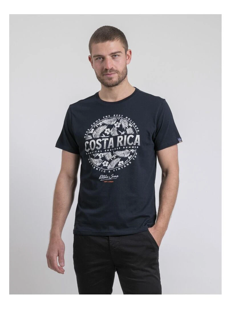 T shirt col rond pur coton NEVOLTA Bleu marine