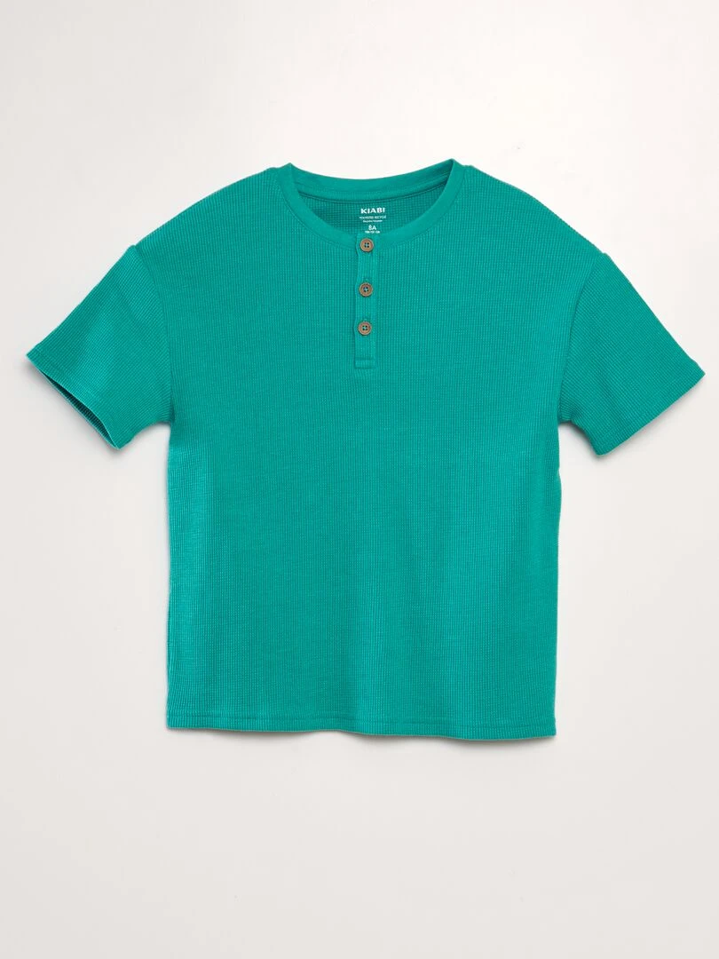 T shirt texturé à col tunisien Vert
