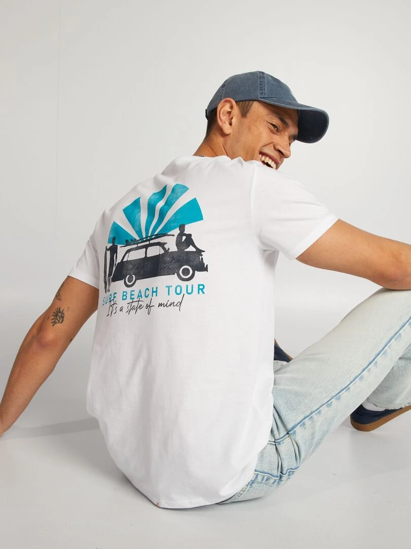 T shirt en coton imprimé à col rond Blanc