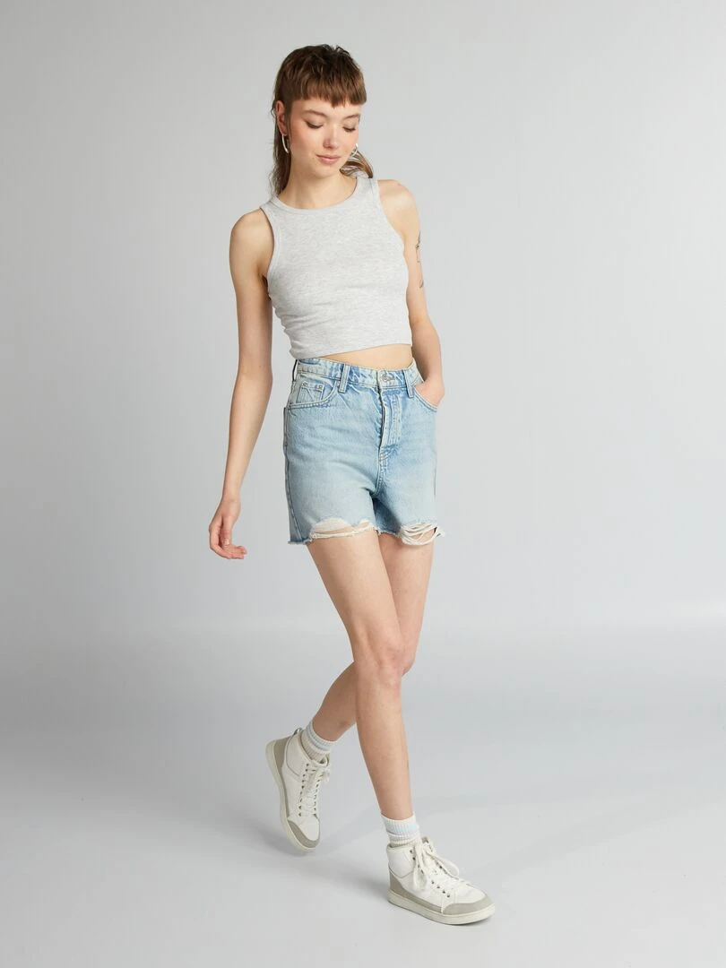 Short en jean destroy à taille haute Bleu