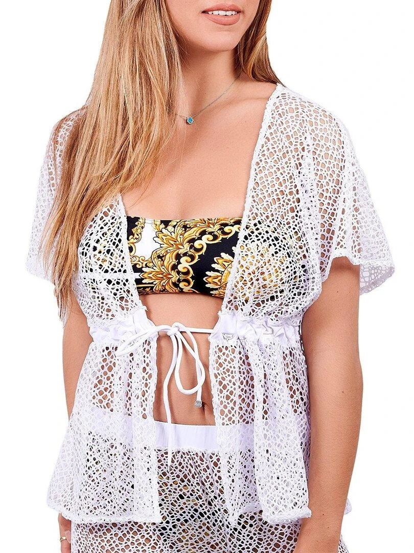 Top de plage maille crochet pailletée Diadème Blanc