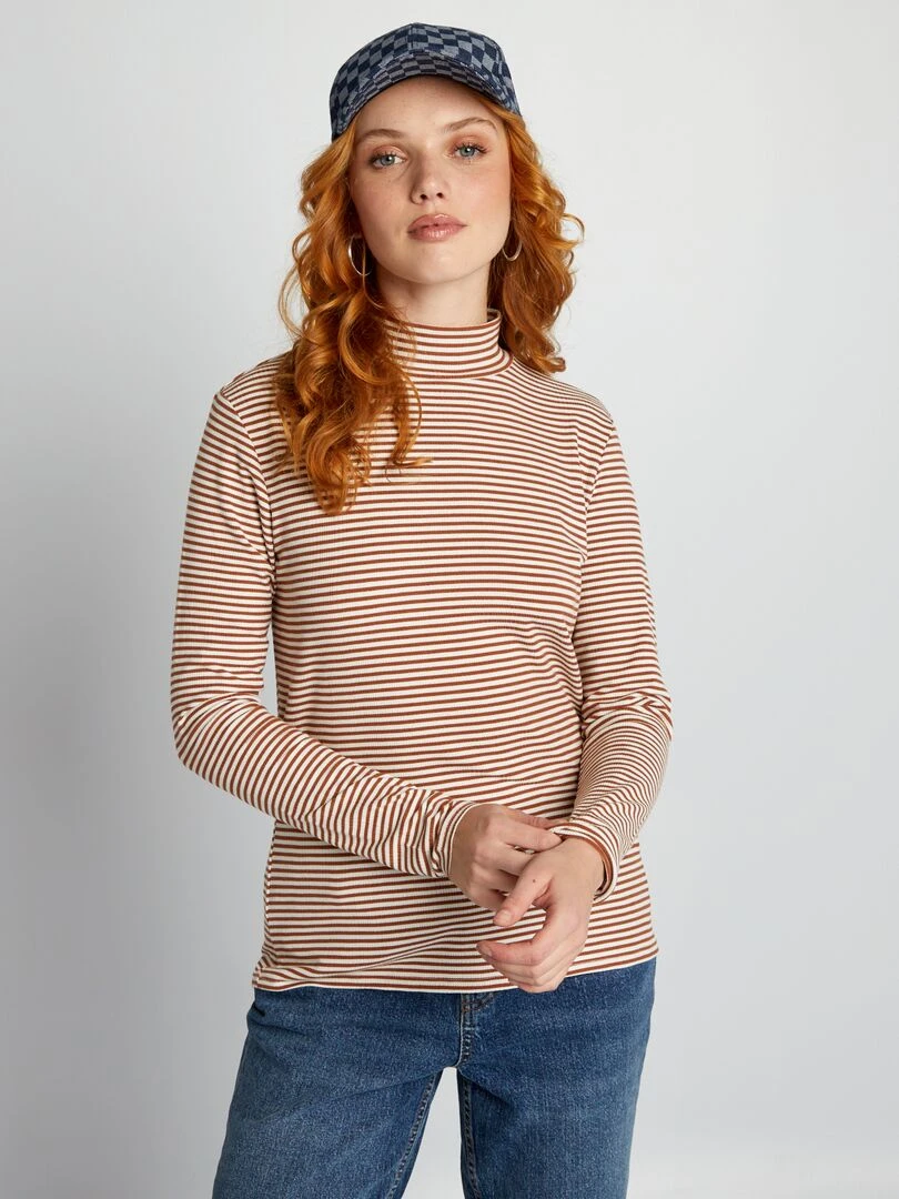 Sous pull en maille côtelée à rayures   Blanc/marron
