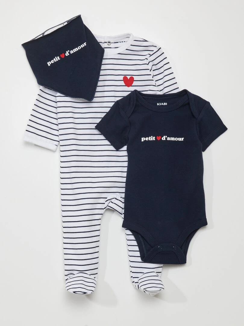 Set dors bien + body + bavoir 3 pièces Blanc/marine