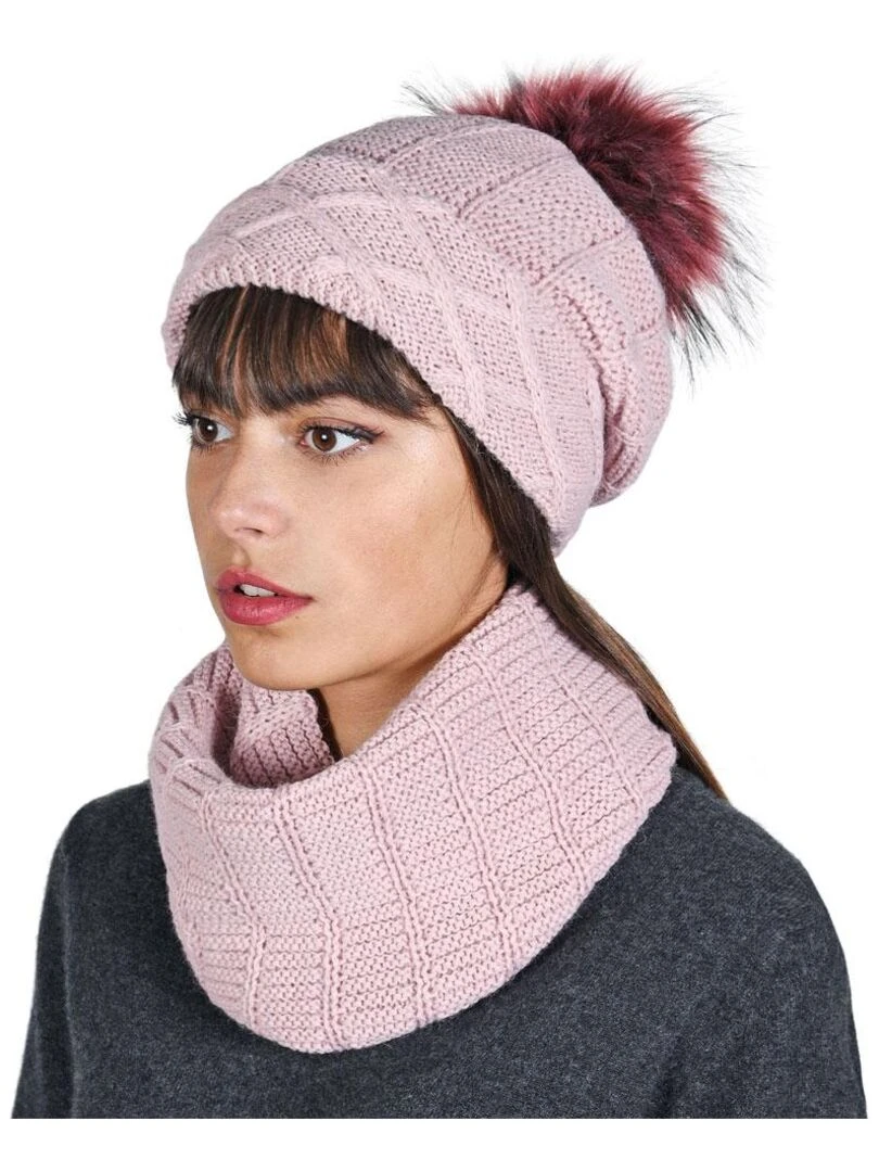 Ensemble Snood Bonnet Komin Made in UE Rose