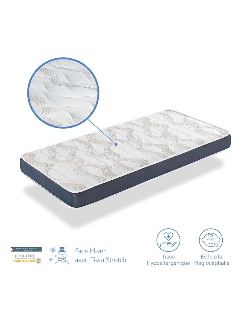 Matelas bébé BABY BLEU épaisseur 14 CM Noyau perforé et respirante Blanc Bleu