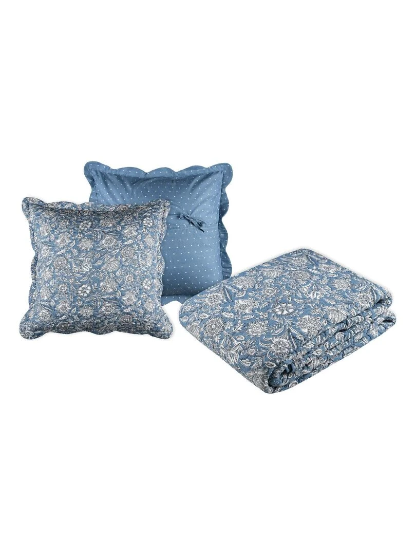 Ensemble réversible boutis et taies au style fleuri   Bleu