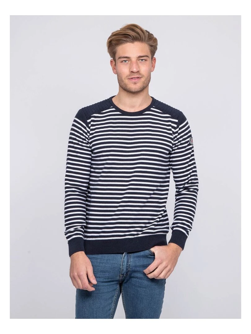 Pull fin col rond rayé coton ADILO Bleu marine