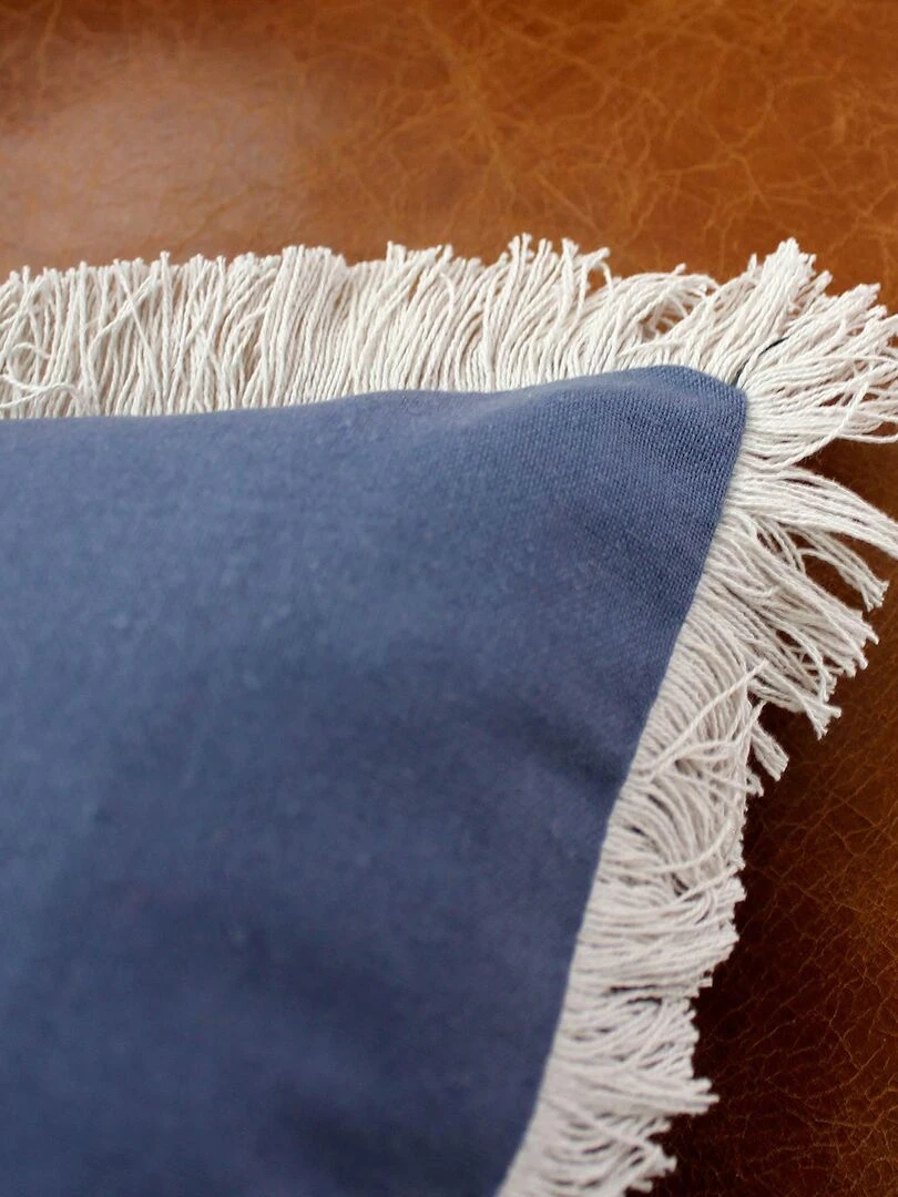 Coussin uni et déhoussable à franges Bleu