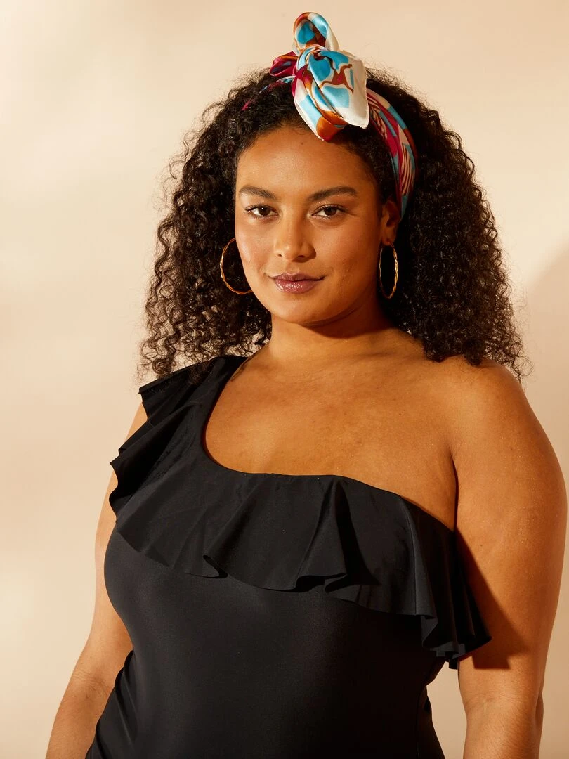 Maillot de bain asymétrique à volants   1 pièce   noir