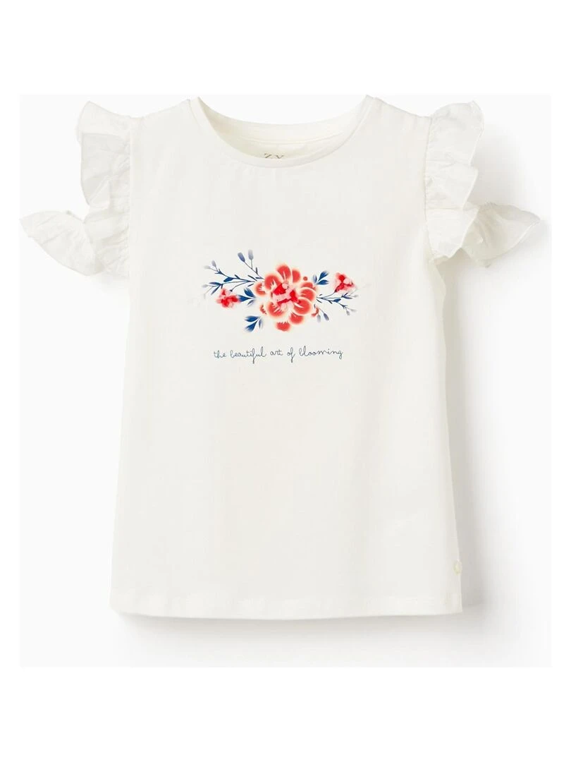 T Shirt En Coton À Épaules Dénudées Pour Fille 'Fleurs' manches courtes PICASSO Blanc