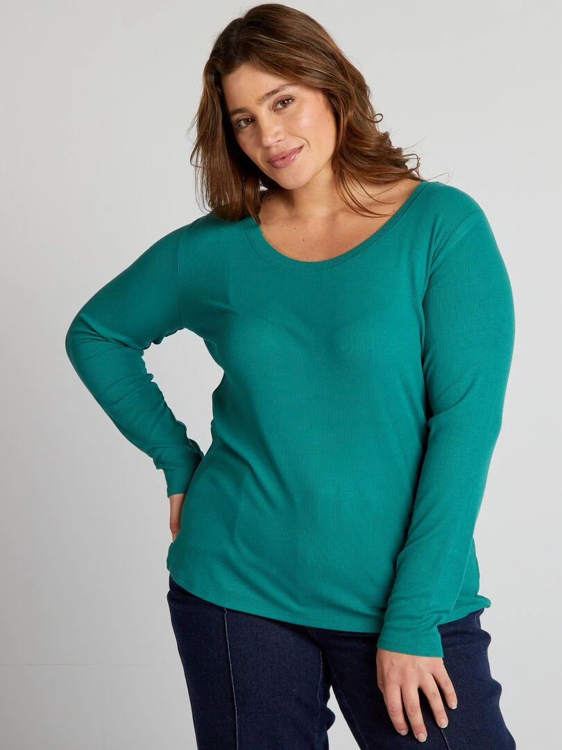 Tee shirt côtelé fluide et large encolure   Vert foncé