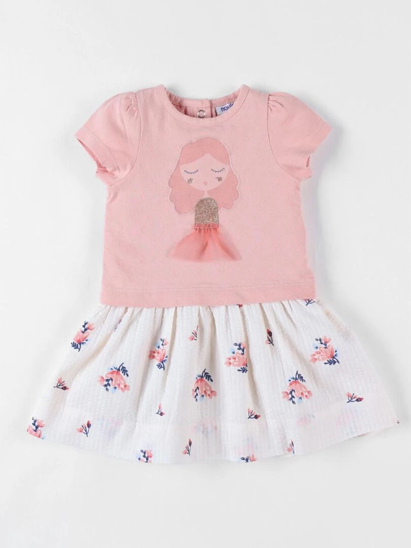 Robe bi matière à manches courtes impression fleurie poudré Noukie's Rose