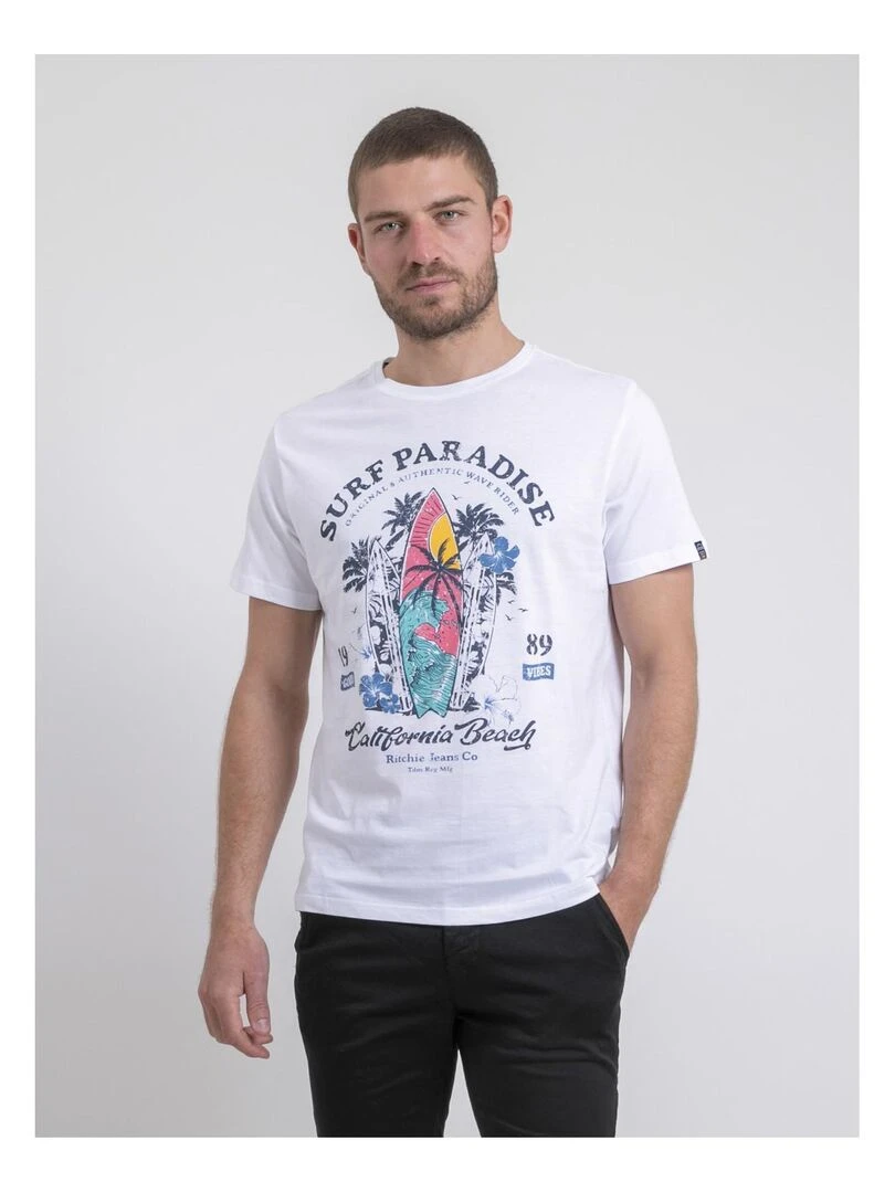 T shirt col rond pur coton NOUKIWI Blanc