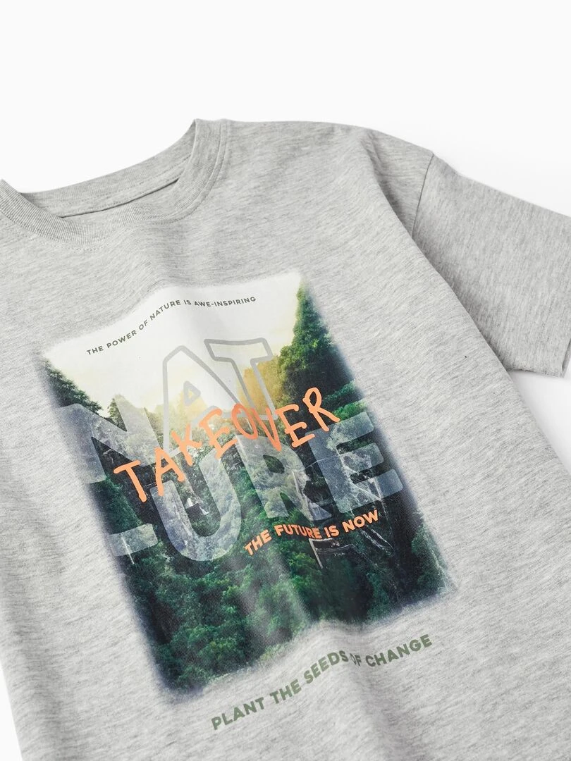 T Shirt en coton pour garçon 'Nature Takeover' manches courtes   Gris clair