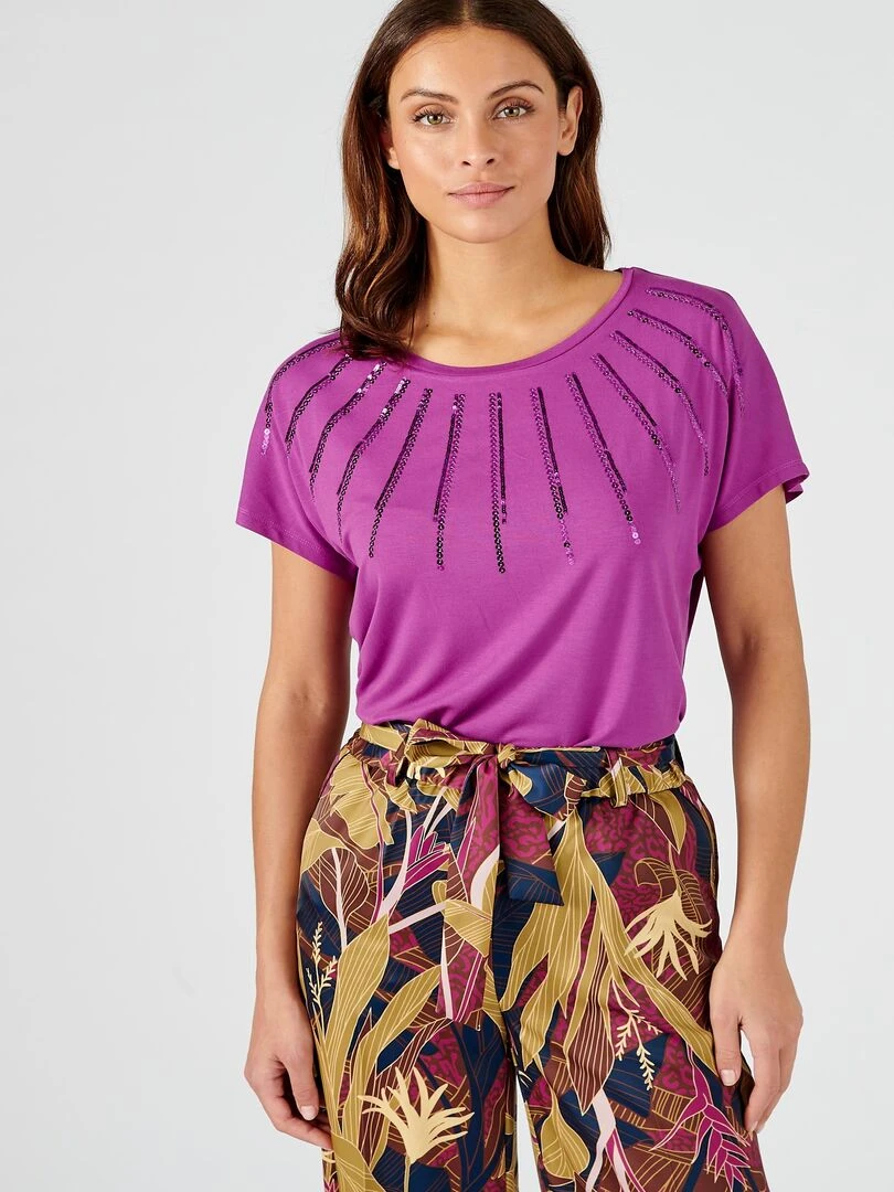 Tee shirt uni à sequins. Damart Violet