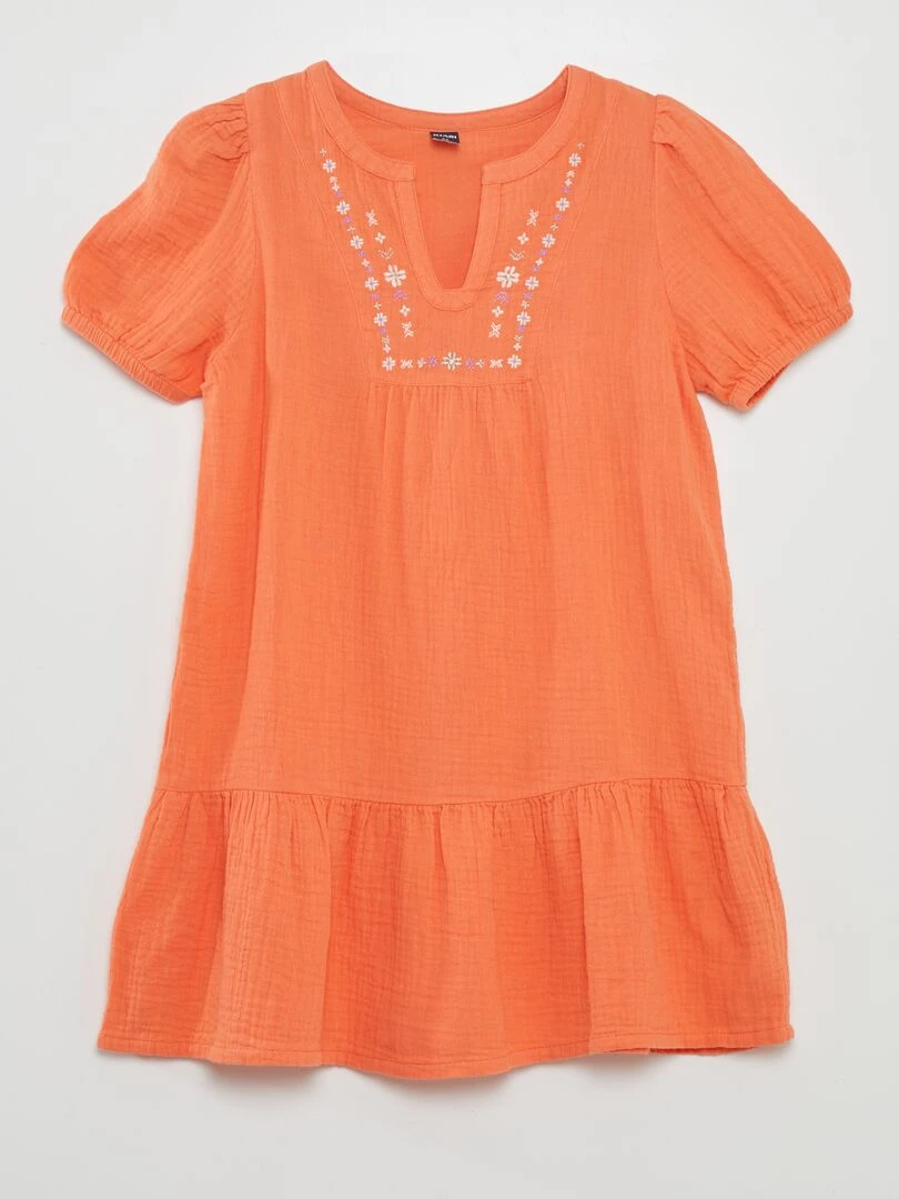 Robe en gaze de coton à manches ballons Orange