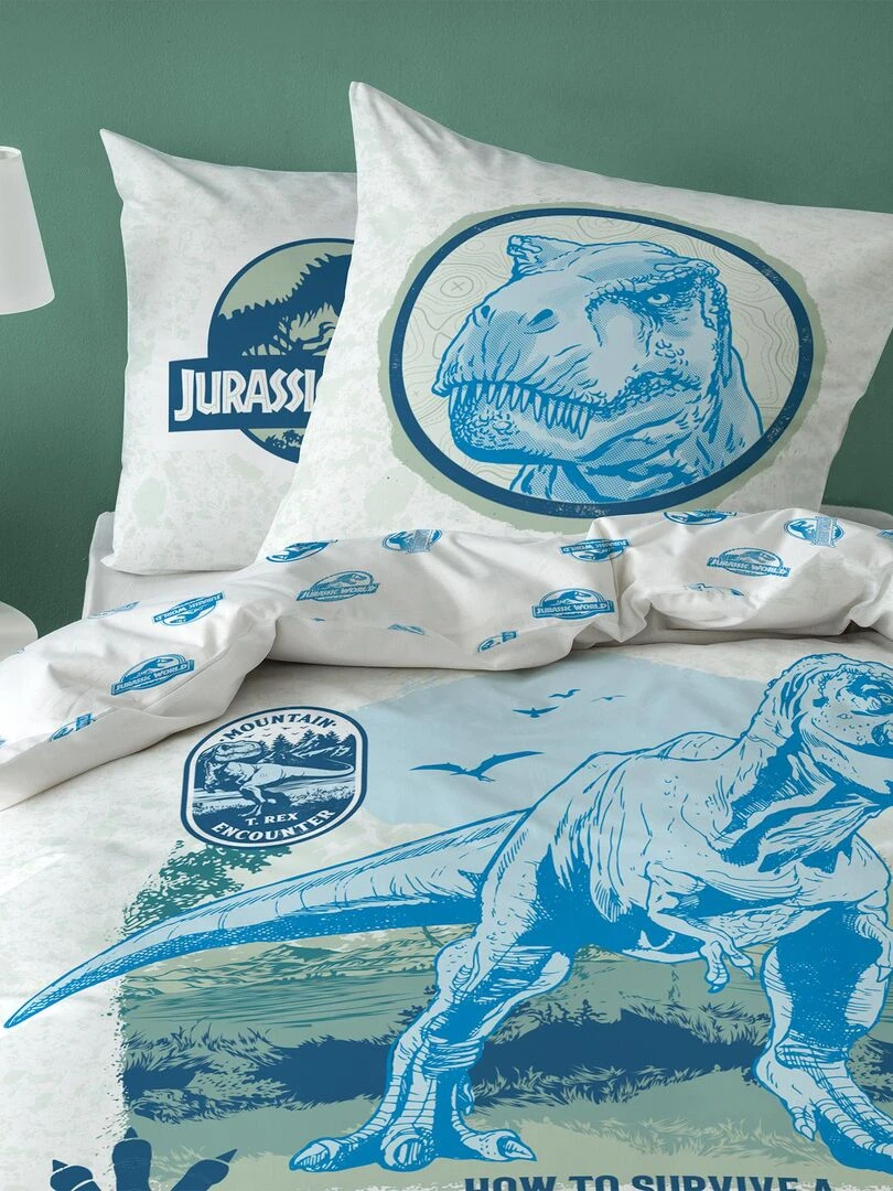 Parure de lit imprimée 100% coton JURASSIC WORLD ENCOUNTER Blanc Bleu