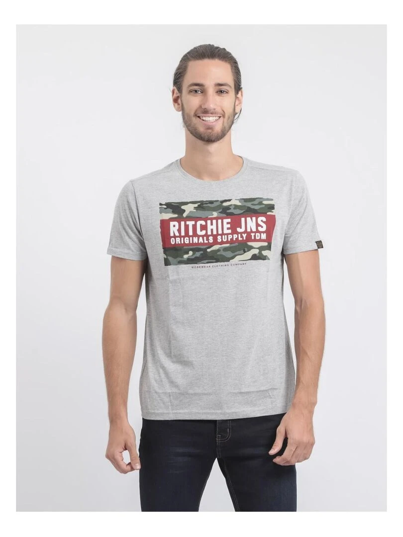 T shirt col rond pur coton JARDIN Gris chiné