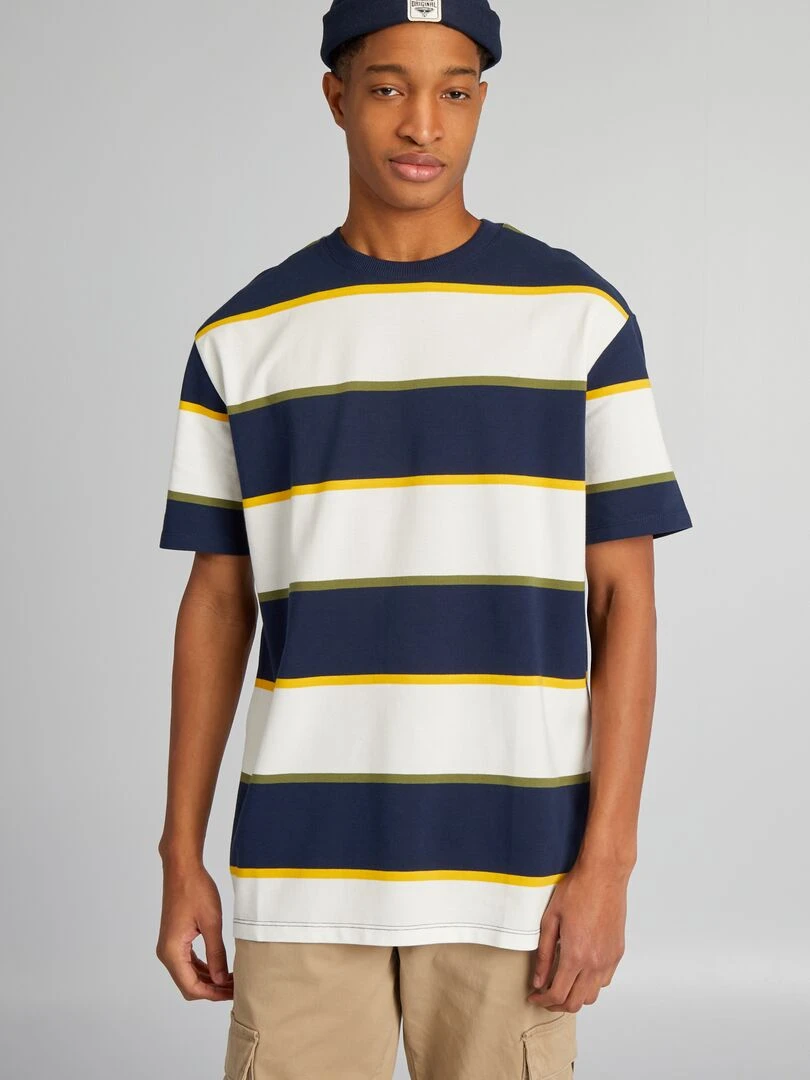 Tee shirt en piqué de coton + d'1m90   Blanc/bleu  marine/ jaune