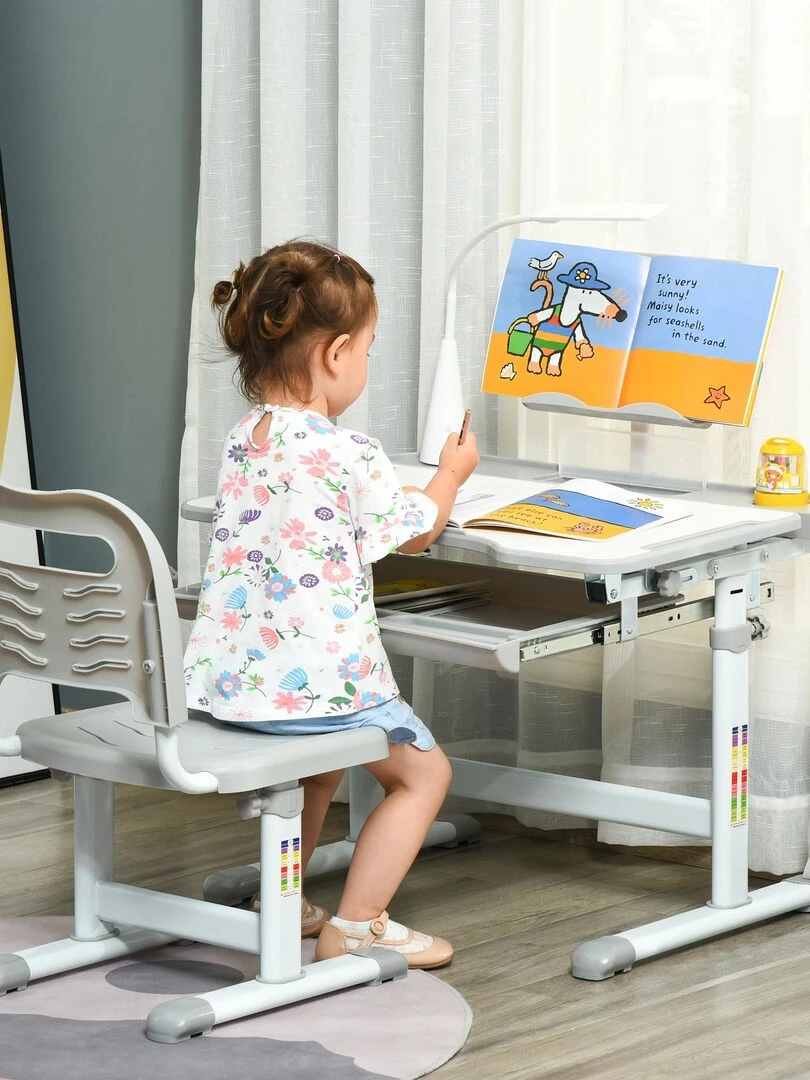 Bureau enfant avec chaise réglables lampe et support inclus Gris