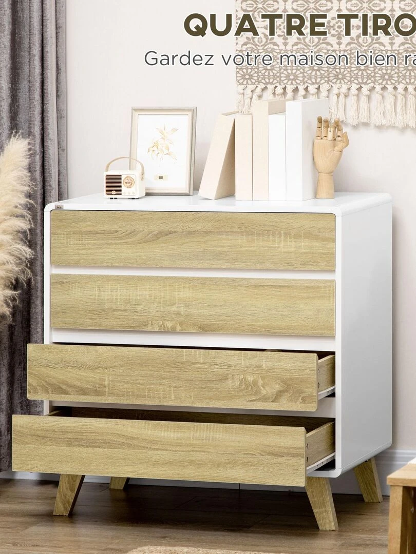 Commode scandinave sur pieds 4 tiroirs blanc aspect chêne clair   Beige