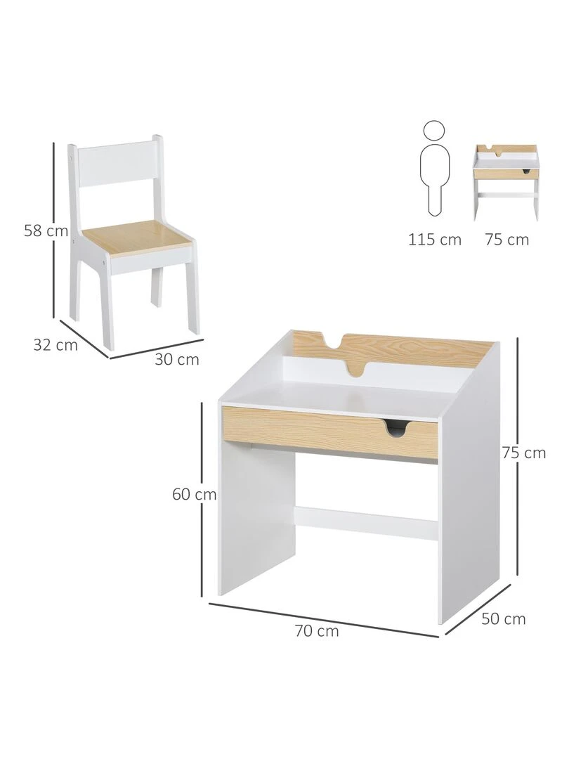 Bureau enfant et tabouret style scandinave blanc aspect bois de pin   Blanc
