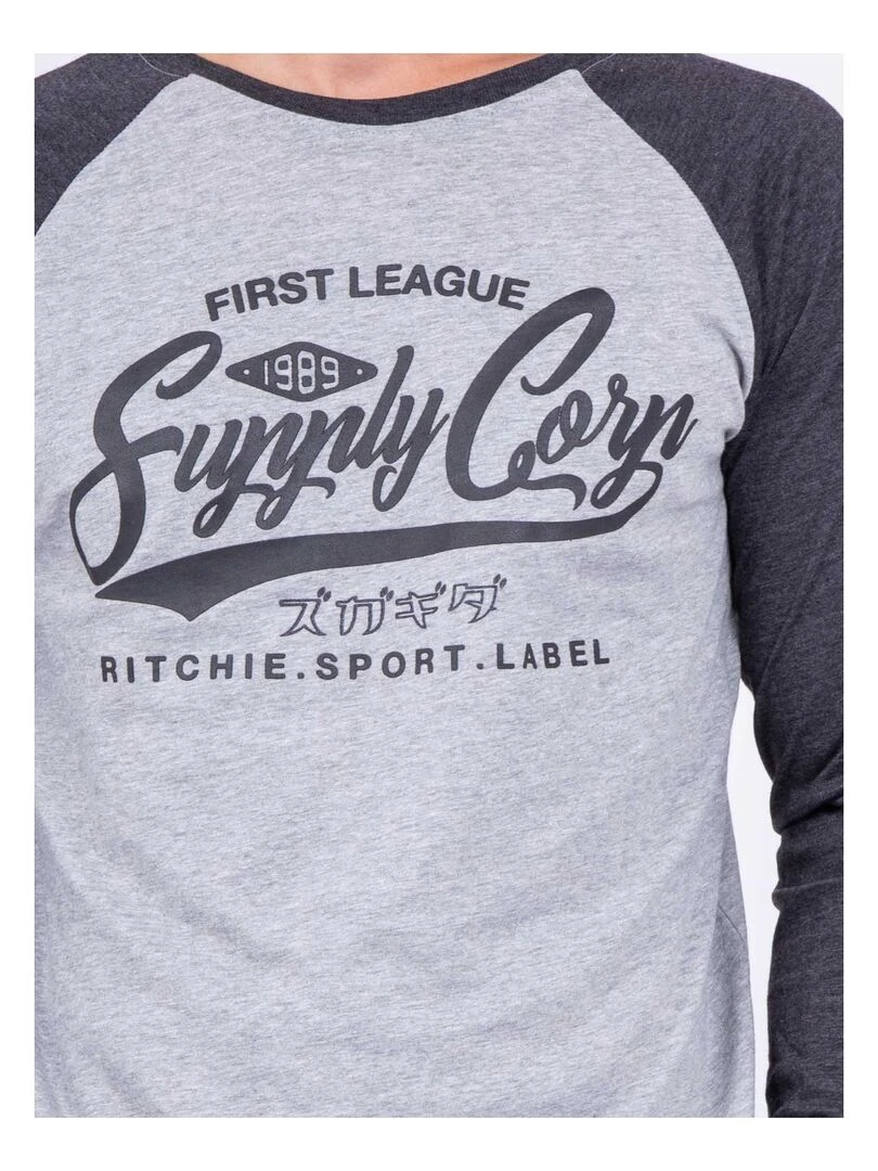 T shirt manches longues col rond pur coton JANDAT   gris anthracite