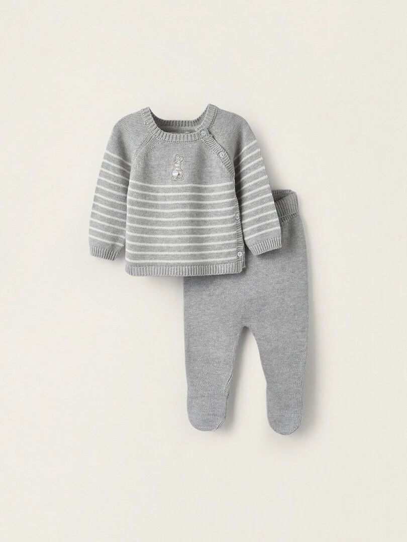 Pull en maille + Pantalon avec pieds en tricot pour nouveau né CRADLE OF LIFE Gris clair